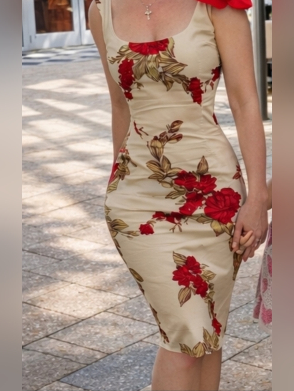 Dolce & Gabbana Cream Midi Dress with Red Floral Appliqué $3280